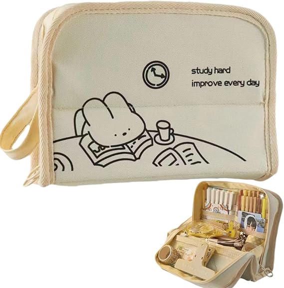 Big Capacity Pencil Case Multiple Compartments Large Pencil Pouch Pen Bag Box Holder Organizer Simple Storage Aesthetic Stationery Cosmetic for Adults Women College Office Essentials (Rabbit A)