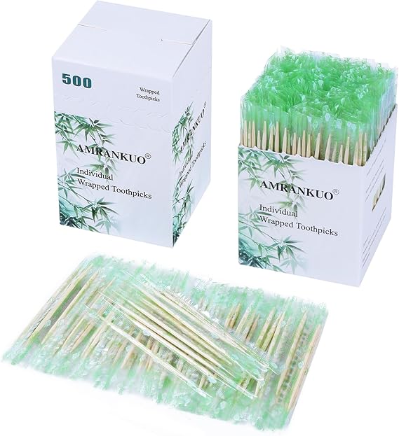 Individually Wrapped Bamboo Round Toothpicks, 2.5" Long, Double-Points, Natural & Sturdy, Perfect for Teeth Cleaning, Appetizers, Cocktails, Barbecue, Fruits & Olives,(500-Count*1)