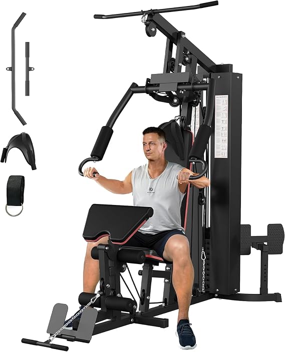 Multifunctional Carbon Steel Home Gym Equipment, Full Body Workout Machine with 150 Lb Weight Stack and Pulley System, Strength Training Exercise Equipment for Home, Black