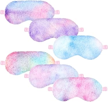 Cuffbow 6 Pack Plush Sleep Mask Set, Cute Plush Eye Masks for Sleeping, Soft Comfortable Travel Nap Blindfold, Sleepover Party Favors for Women(Tie Dye,Rainbow)