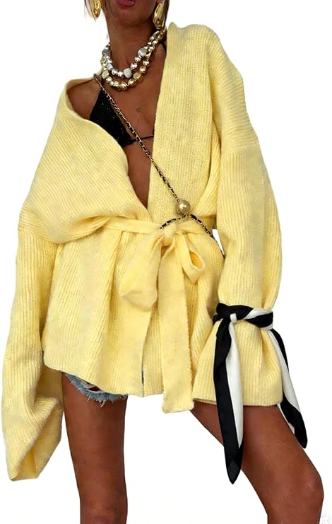 LKOUS Women's V Neck Lace Up Open Front Bell Sleeve Knit Belted Cardigan