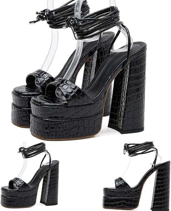 MissHeel Double Platform Chunky Heels Lace Up Square Toe Sandals