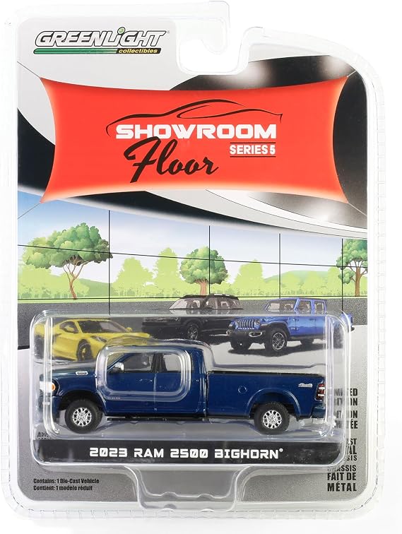 Collectibles 2023 2500 Bighorn Crew Cab 4x4 Pickup Truck Patriot Blue Metallic Showroom Floor Series 5 1/64 Diecast Model Car by Greenlight 68050A