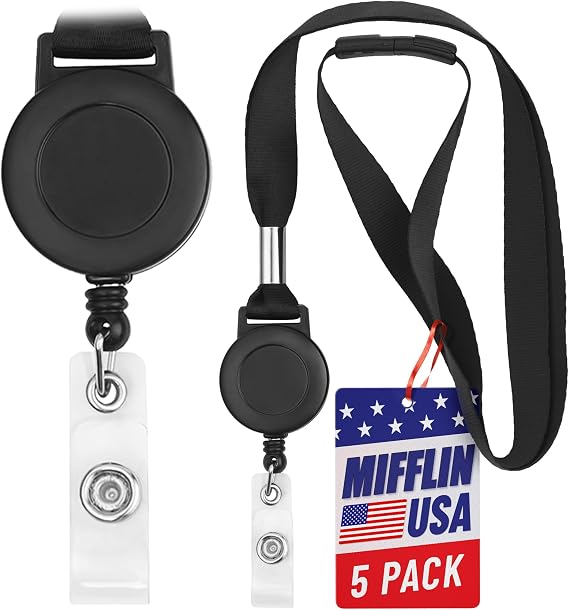 Lanyards with Retractable Badge Reels - 16.5" Loop, 5 Pack - Flat Safety Breakaway Lanyard with Heavy Duty Extendable Wire Clip and Snap Strap for Badges, ID Cards, Name Tag Holders, Keys