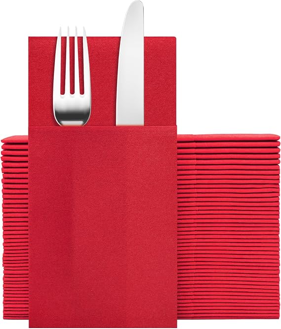 Red Napkins Hand Towels Disposable, Linen Feel Dinner Napkins with Prefolded Built-in Flatware Pocket, Guest Paper Hand Towels For Wedding, Dinner Or Party (16x16in, 50Pack)