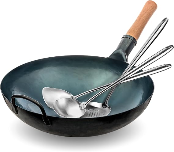 YOSUKATA Blue Round Bottom Wok Pan 14" Woks and Stir Fry Pans PLUS 17" Wok Spatula and Ladle Skimmer Spoon - Stainless Steel Cooking Utensils Set of 3