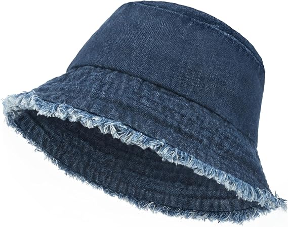 Washed Cotton Denim Bucket Hat, Summer Outdoor Wide Brim Lightweight Cap for Women, Beach Packable Travel Hat