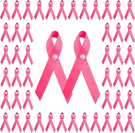 100 Pcs Deep Pink Ribbons with Pearl, Breast Cancer Awareness Ribbon Pins Pink Ribbon Brooch with Safety Pins for Decoration Party Event Supplies