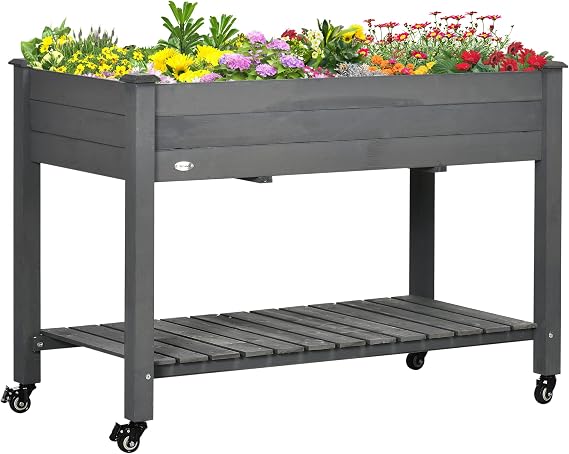 47" x 22" x 33" Elevated Wooden Raised Garden Bed with Lockable Wheels, Storage Shelf & Bed Liner Dark Gray, for Backyard & Patio