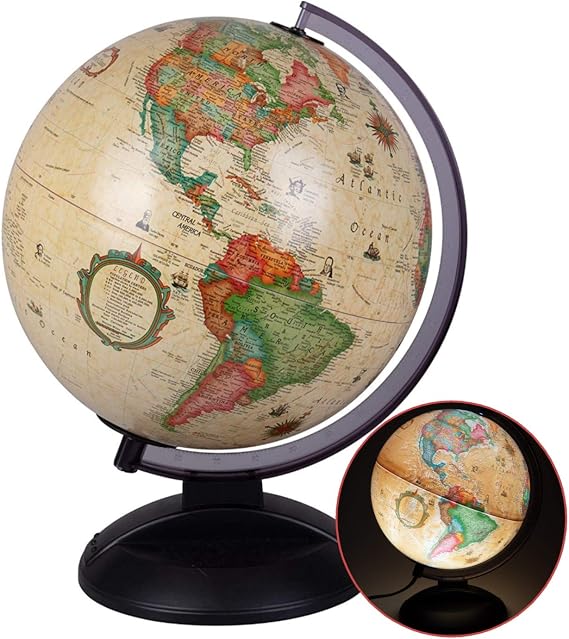 Gardner Illuminated 10" Diameter Globe, USA Cartography with Sturdy Plastic Base and Antiqie Ocean. World globes have been used for ages in helping to understand the size and shape of the world we live in. This rotating, illuminated antique globe truly brings to light the different features of the world while highlighting different explorers, sea voyages, and ocean currents with water temperatures. Displayed on a plastic base with a power cord and on/off switch. A perfect gift for any geography loving child or fun classroom addition. Add to your household or workspace for a soft-lit ambiance.