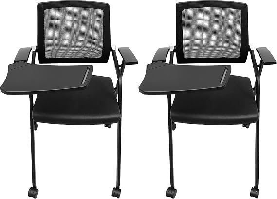 Foldable Office Waiting Room Guest Chair, Black Reception Chairs with Tablet Arm and Wheels, Ergonomic Lumbar Support, Sponge Seat Cushion, for Office School Classroom Training Conference (2 Pcs)