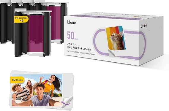 Liene Pearl N200 Pro Portable Photo Printer Photo Paper 50 Sheets & 5 Cartridges, Picture Printer Sticker Paper Adhesive, Waterproof, Smudge Proof, Photo Paper Only for DMP130 for Scrapbook