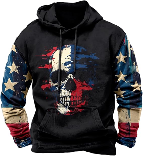 American Flag Hoodie for Men Oversized Graphic Skull Pullover Hooded Sweatshirt Plus Size Long Sleeve Shirts Sweater Y2k Casual Lightweight Winter Jackets Fall Black,S
