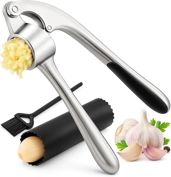 CASAFOYER Stainless Steel Garlic Press, Rustproof Garlic Crusher, Dishwasher Safe, Silver