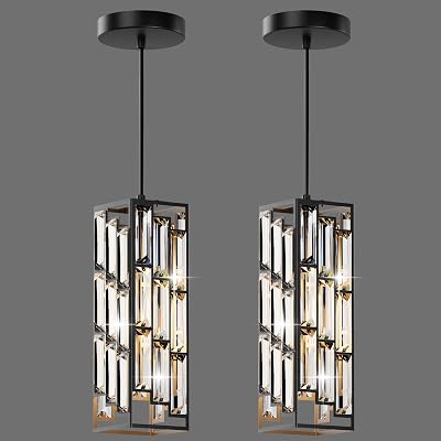 Black Pendant Lights Modern Pendant Light Fixture, Mini Crystal Pendant Ceiling Light, Pendant Light for Kitchen Island, Dinning Room, Bedroom, Kitchen Sink Lighting 2-Pack