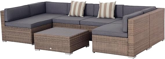 Outsunny 7 Piece Patio Furniture Set Wicker Outdoor Sectional Gray | All Weather, PE Rattan Sofa Couch, Outdoor Conversation Sets, Cushions, Glass Top Coffee Table, Pillows