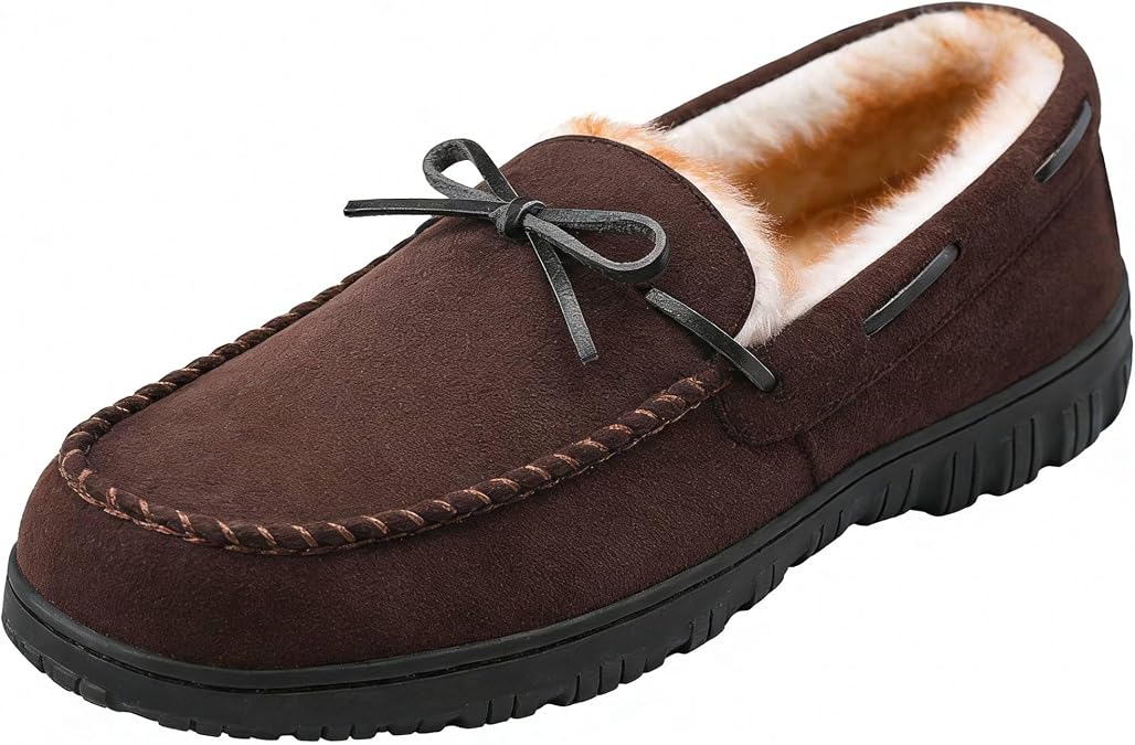 shoeslocker Men's Warm Soft Plush Memory Foam House Moccasin Slippers - Comfortable Non-Slip Indoor/Outdoor - Black, Beige, Brown
