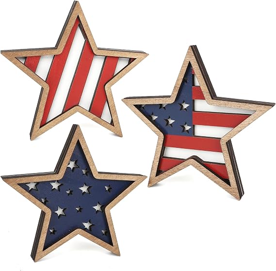 COCHIE 4th of July Decorations Wooden Stars, Patriotic Memorial Day Star Tiered Tray Decor Set of 3, Fourth of July Red White Blue Decoration for Home Office Table Shelf (Flag Hollow)