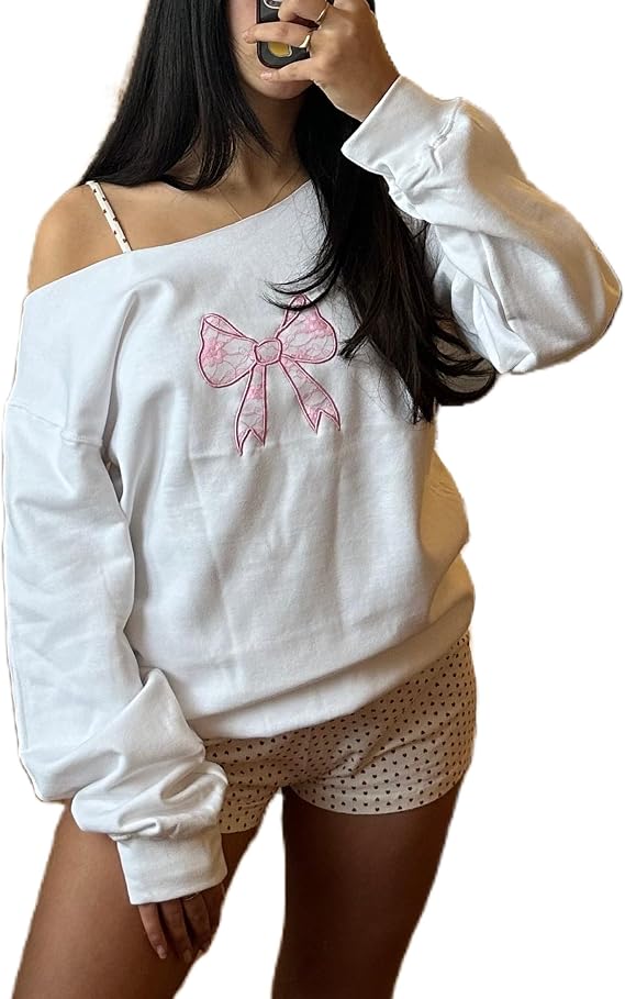 KMBANGI Women Y2k Off Shoulder Sweatshirt Long Sleeve Bow Print Pullover Top Vintage Graphic Sweatshirt White, Medium