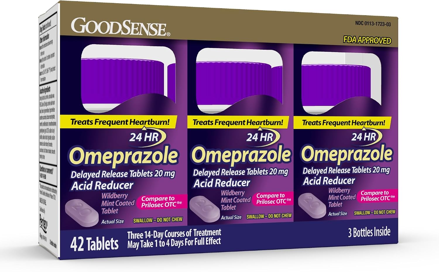GoodSense Omeprazole, Compare to Prilosec, Delayed Release Tablets 20 mg, Acid Reducer, Wildberry Mint Coated Tablet, 14 Count Pack of 3