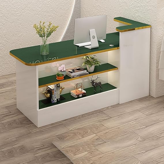 with LED Lights Reception Counter Desk,Modern Reception Desk with Counter,Retail Counter with Display Shelf & Lockable Drawers,Front Desk Reception Room Table,for Salon Lobby Checkout Office