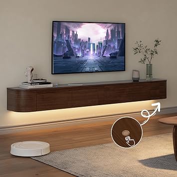 Floating TV Stand Cabinet Wall Mounted Entertainment Center Media TV Console Storage Shelf with Flip-Down Doors & Drawers for Living Room Bedroom Office63in,Rustic Brown-LED Lights