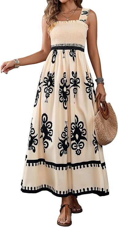 UEAL Womens Square Neck Boho Maxi Dress
