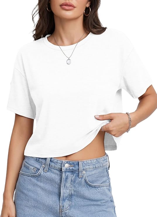 UNCLECAT Womens Cropped Shirts Summer Short Sleeve Crew Neck Crop Tops