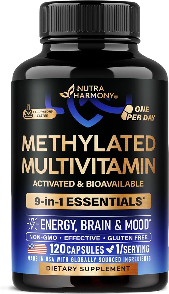 Methylated Multivitamin - 9in1 Supplement with TMG, 5MTHF & B12 - 120 Caps | MTHFR Supplement for Men & Women - B-Complex, Antioxidants C & E, Vitamin D3 & K2 - Energy, Brain & Mood - Vegan, Lab Tested