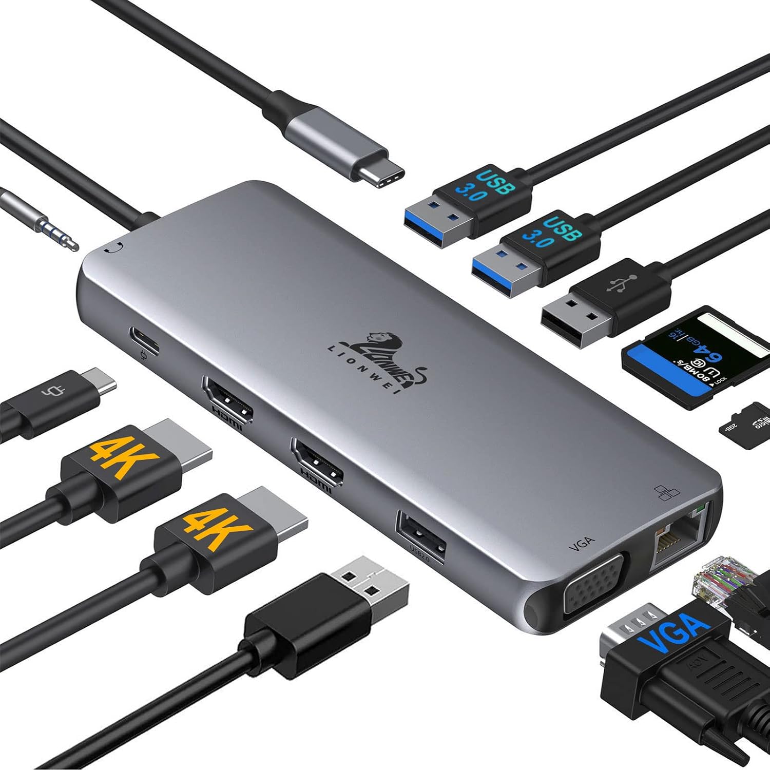 LIONWEI USB C Docking Station Dual Monitor, Triple Display USB C Hub Multiport Adapter