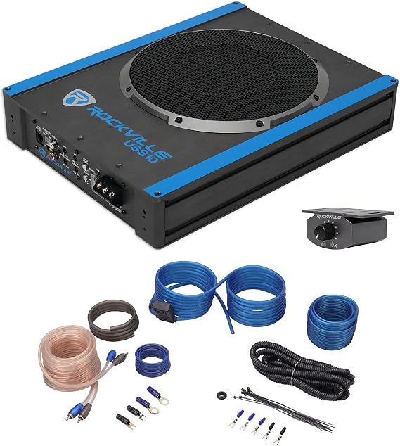 Rockville Car Audio Bundle: USS10 10" 800W Slim Under-Seat Subwoofer, PWM MOSFET Power Supply, RWK10 10-Gauge Amp Kit with Gold-Plated ATC Inline Fuse Holder, 100% Copper RCA, 2-Items