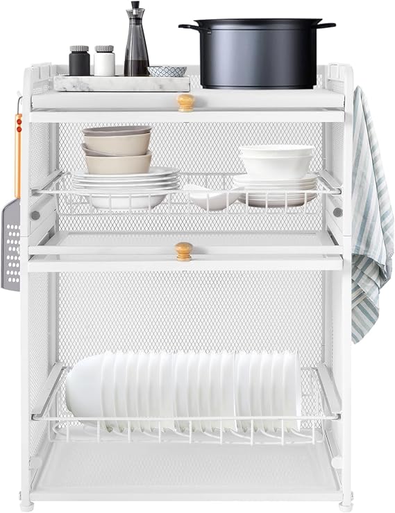 3 Tier Dish Drying Rack Kitchen Countertop Tableware Storage Cabinet with Lid Cover Detachable Drip Tray Storage Box Basket in Kitchen Organizing for Placing Plates Bowls Pots,White