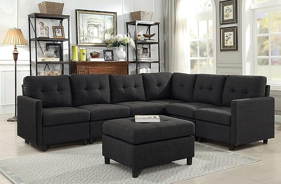 Sectional Sofa Ottoman Set 6 Seater Couch Living Room Modular Sectional Furniture Sets Reversible L Shape Couch Set (Dark Grey(6 Seats))