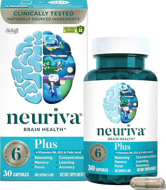 NEURIVA Plus Brain Supplements for Memory and Focus, Clinically Tested Nootropics Neurofactor and Phosphatidylserine, with Vitamin B12, Vitamin B6 and Folic Acid, 30 Count Capsules | Brain Supplements for Memory and Focus, Phosphatidylserine, Vitamin B12, Vitamin B6, Neurofactor, Decaffeinated Nootropic