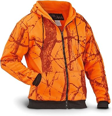 WFS Mens Thermal Lined Fleece Blaze Orange Camo Hooded Sweatshirt, Blaze Camo, MEDIUM