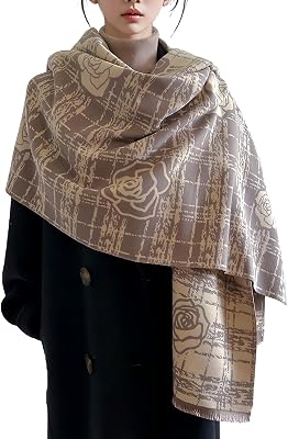 Winter Scarf Women Pashmina Shawls And Wraps Romantic Checked Camellia Pattern Reversible Cashmere Scarf With Tassel
