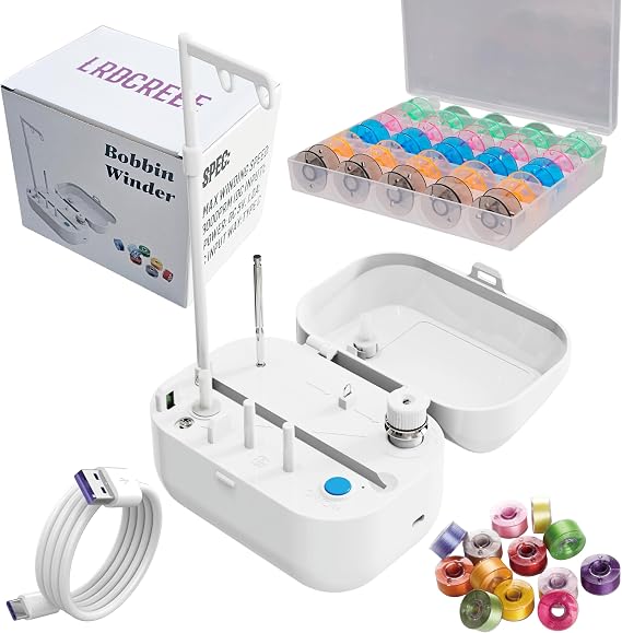 LRDCREEE Automatic Bobbin Winder Bobbin Winding Machine with Auto Stop Sensor, Large Spool Thread Holder and Extra 25 Pcs Class 15 Bobbins for Sewing Machine Thread Winding Use