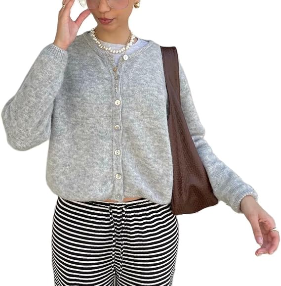Women Button Down Cardigan Long Sleeve Crewneck Sweater Vintage Lightweight Knit Jacket Fall Going Out Top
