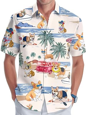 Dog Hawaiian Shirt for Men, Summer Vacation Dog Mens Button Shirt, Aloha Beach Casual Short Sleeve Shirt Unisex