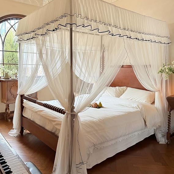 Elegant French Romantic 4 Corner Post Mosquito Net for Adult Teen Girls Boys Bed ; Bed Canopy Curtain for Twin/Full/Queen/King Size Bed (Beige, 53" W x 78" L (Pack of 1))