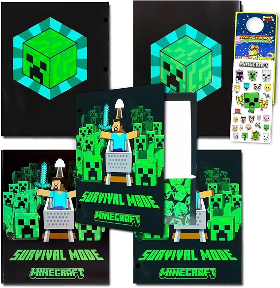 Minecraft Folders for School - Video Game Pocket Folder Bundle Includes 4 Laminated Plastic Folders Plus Stickers, More Minecraft Kids School Supplies
