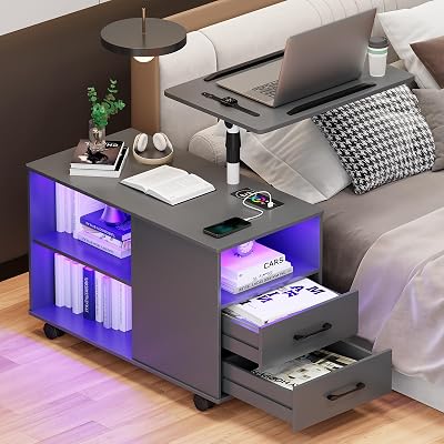 HNEBC Nightstand Set of 2 with RGB Lights&Charging Station for Bedroom, Smart Bedside Table with Lockable Wheels, 2 Drawer for Livingroom, Modern End Side Table with Adjustable Rotary (Grey)