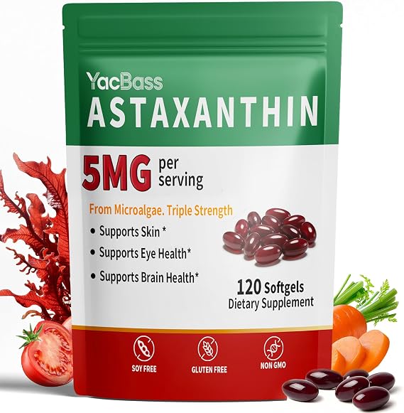 Astaxanthin Supplements 5mg - Premium Astaxanthin 120 Softgels for Eye, Brain, Skin & Immune Support, Microalgae Source, 4 Month Supply