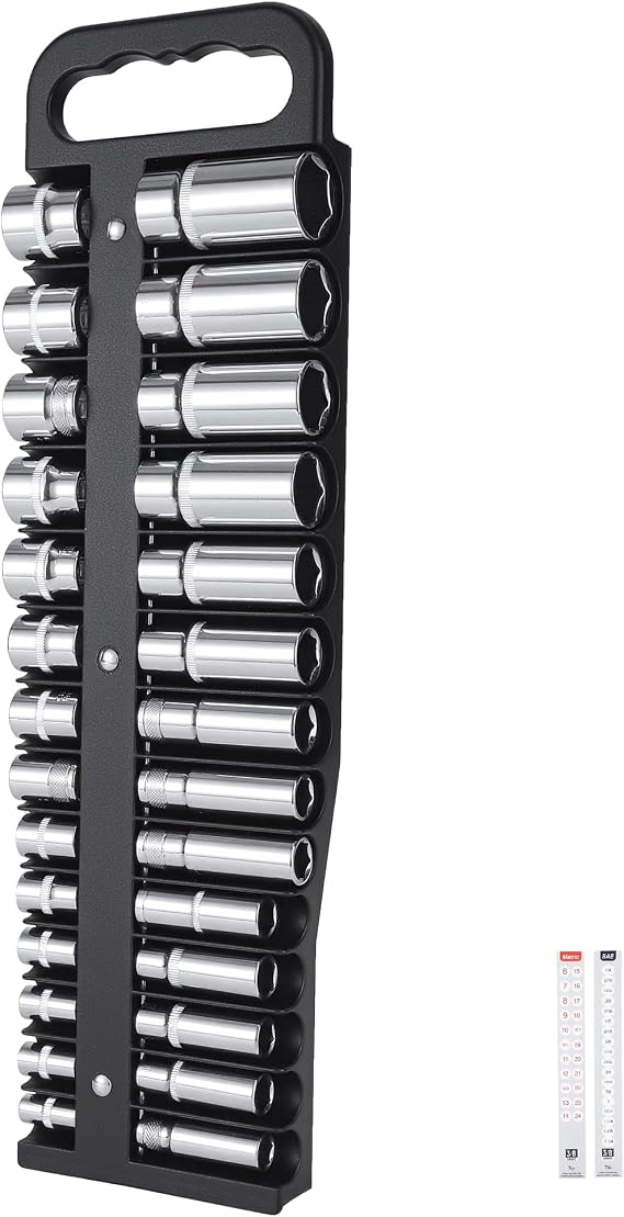 Reniteco Magnetic Socket Organizer, 3/8" Drive, 28-Socket Rail | Portable Socket Tray, Fits Shallow & Deep Sockets, Magnetic Base, Drawer or Wall Mount, Sockets Not Included