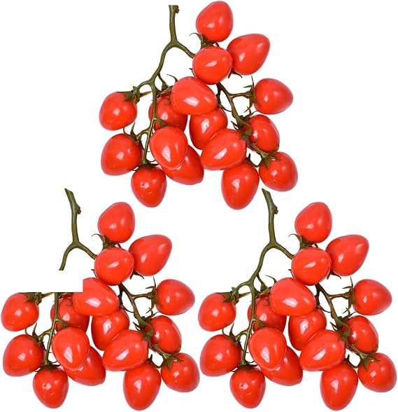 Faux Fruit Decor Realistic, 3 Pcs Tomato Decor, Plastic Realistic Tomatoes with Vines, Decayproof Artificial Fruit for Home Kitchen Cabinet Party