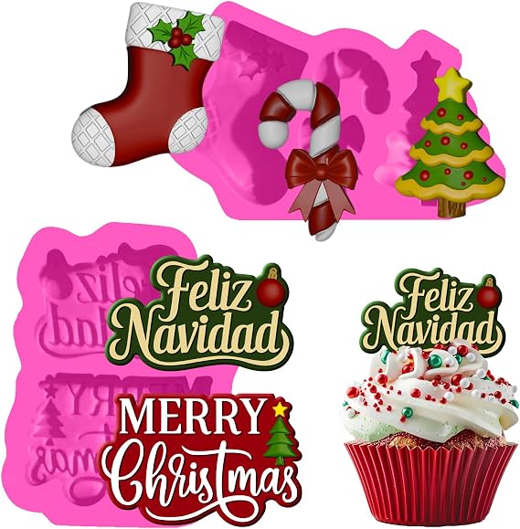 Christmas Silicone Molds Set Tree, Stocking, Candy Cane & Holiday Phrases Christmas Candle Molds,chocolate mold, Soap Molds, Wax Melts Food-Grade Silicone Reusable & Flexible