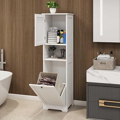 Tall Laundry Hamper Cabinet with Tilt Out Drawer and Removable Basket, Wood Bathroom Storage Cabinet, 13.77 D x 15.74 W x 55.11 H, White