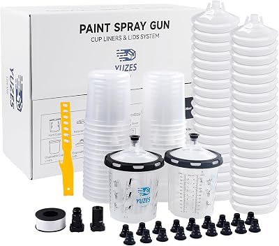 YUZES Disposable Paint Gun Cups 20 Ounce600ML, 40 Disposable Paint Cups Liners and Lid, 2 Hard Cup with Retainer Ring, 20 Plugs, PTFE Tape, Stirrer, 2 Spray Gun Adapter, for Mix, Spray, Store Paint
