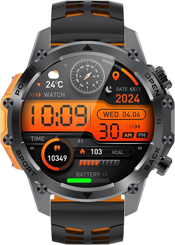Hwagol Smart Watches for Men (Call/Notification),1.52'' Military Smart Watch, Two Style Kits,Flashlight,100+Sport Modes/Heart Rate/Sleep Monitor/Pedometer (Orange-Blue)