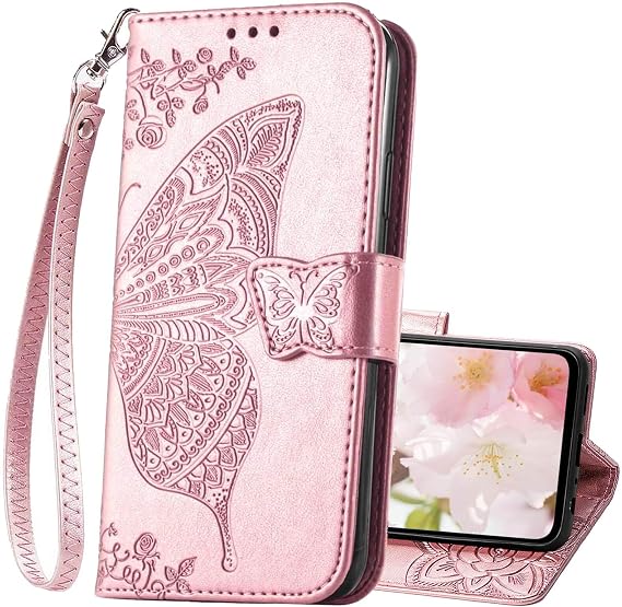 for Samsung Galaxy A25 5G Phone Case Wallet,Women Butterfly Embossed Flip Folio PU Leather,Credit Card Holders Kickstand Wrist Strap Purse Protective Cover (Rose Gold)